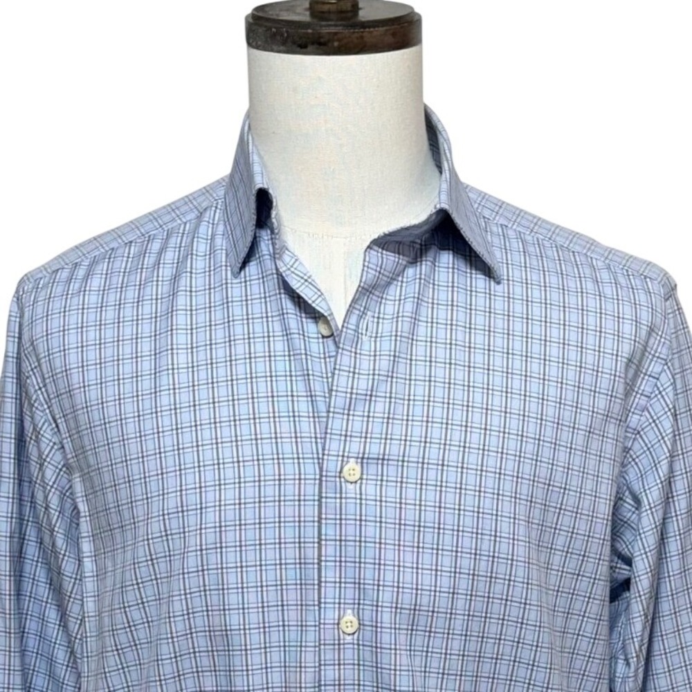 David Donahue Shirt Men 15.5 34/35 Blue Plaid Dress Button Up Long Sleeve Office